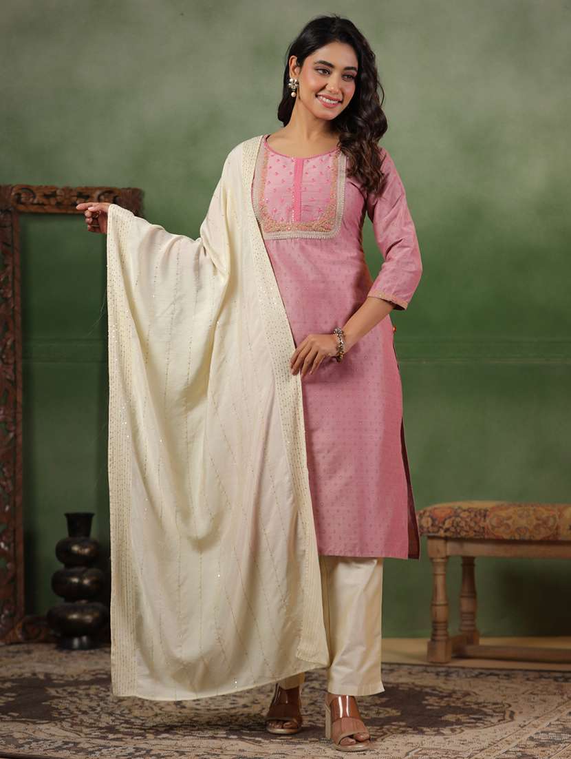 women self design three quarter sleeve kurta pant with dupatta set