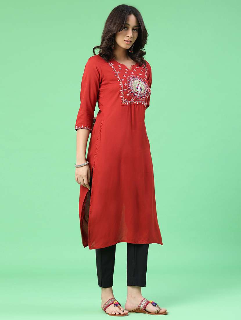 women embroidered three quarter sleeves straight kurta - 22287280 -  Standard Image - 3