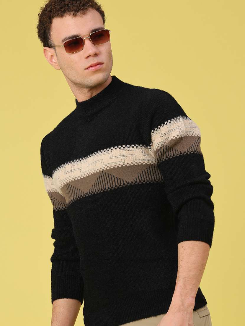 men self design long sleeve regular fit pullover 