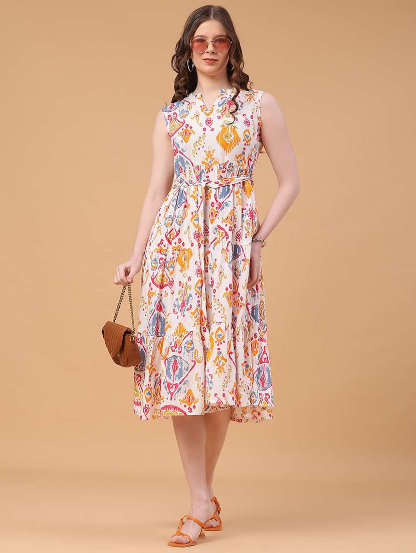 women printed sleeveless fit and flared dress