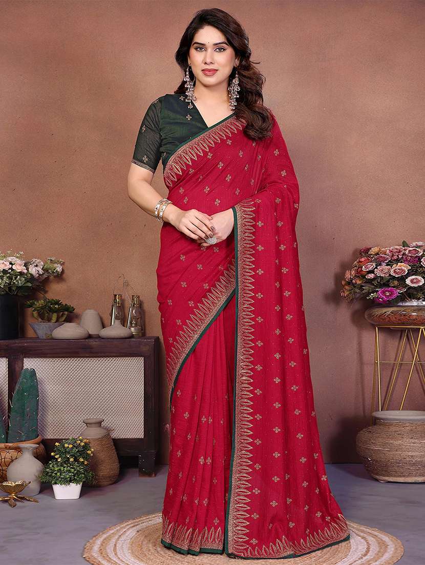 women solid with work embroidered saree with blouse