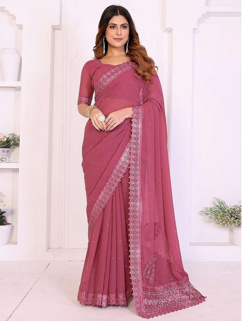 women solid with work embellished saree with blouse