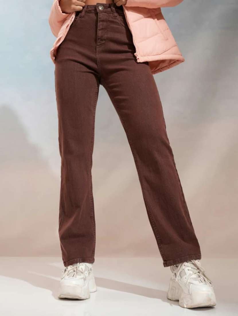 women solid high rise straight fit jean