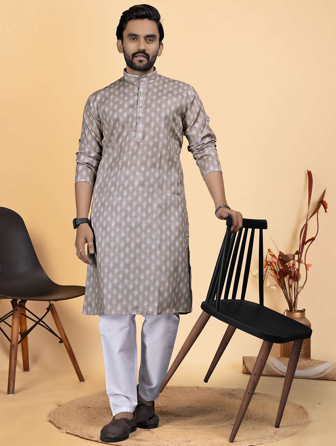 men printed mandarin neck kurta pyjama ethnic wear set