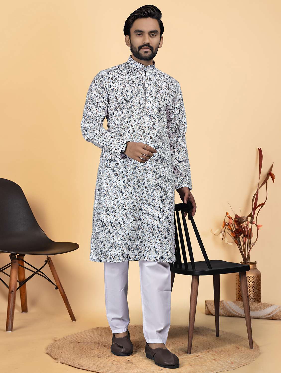 men printed mandarin neck kurta pyjama ethnic wear set
