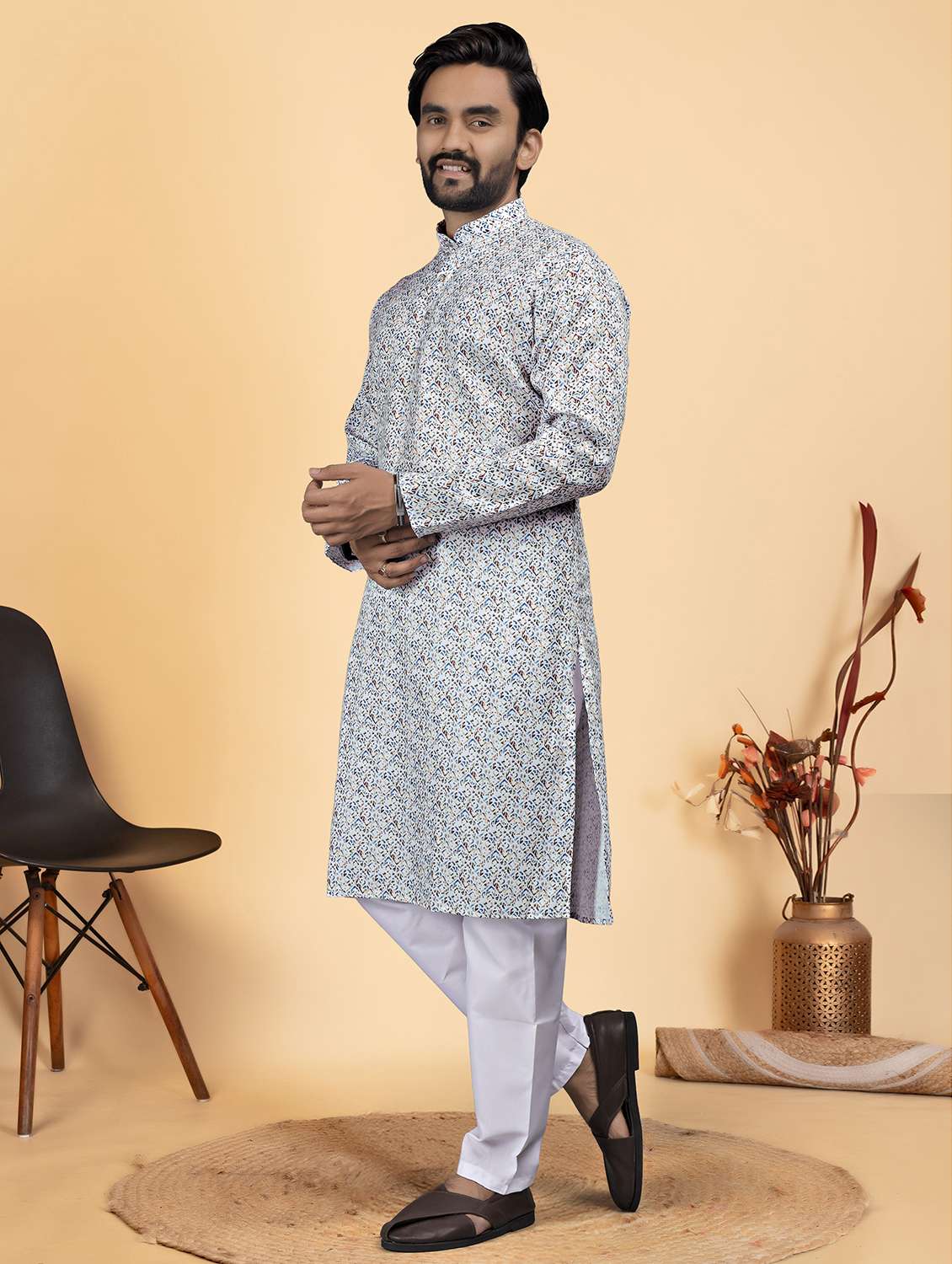 men printed mandarin neck kurta pyjama ethnic wear set - 22287635 -  Standard Image - 3