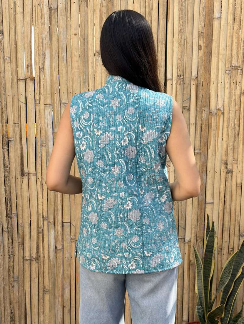 women printed mandarin neck sleeveless jacket - 22287689 -  Standard Image - 3