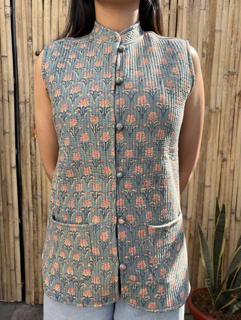 women printed mandarin neck sleeveless jacket - 22287690 -  Standard Image - 5
