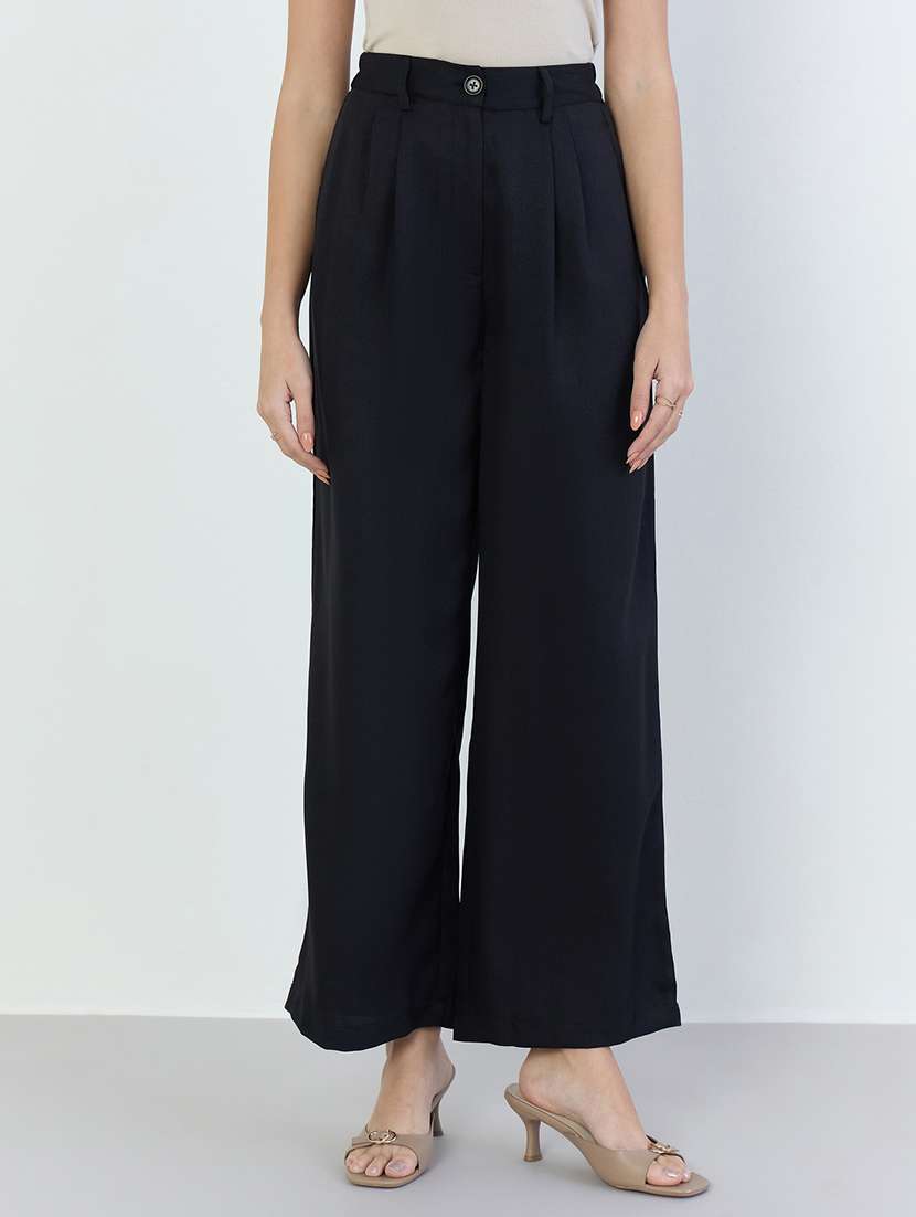 women solid high rise wide leg trouser