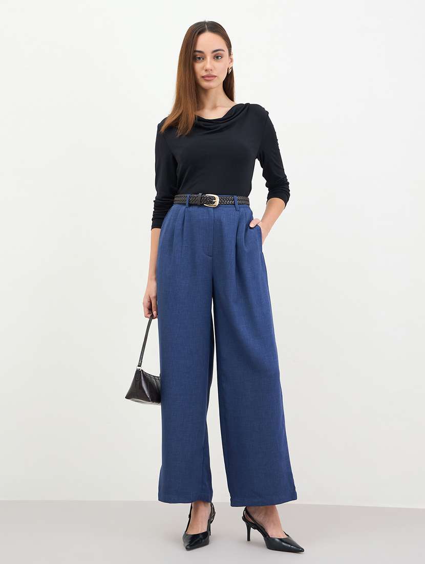 women solid high rise wide leg trouser - 22287778 -  Standard Image - 3