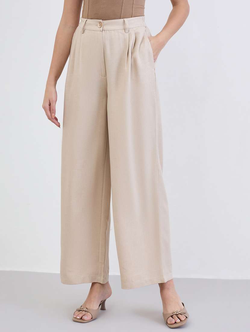 women solid high rise wide leg trouser
