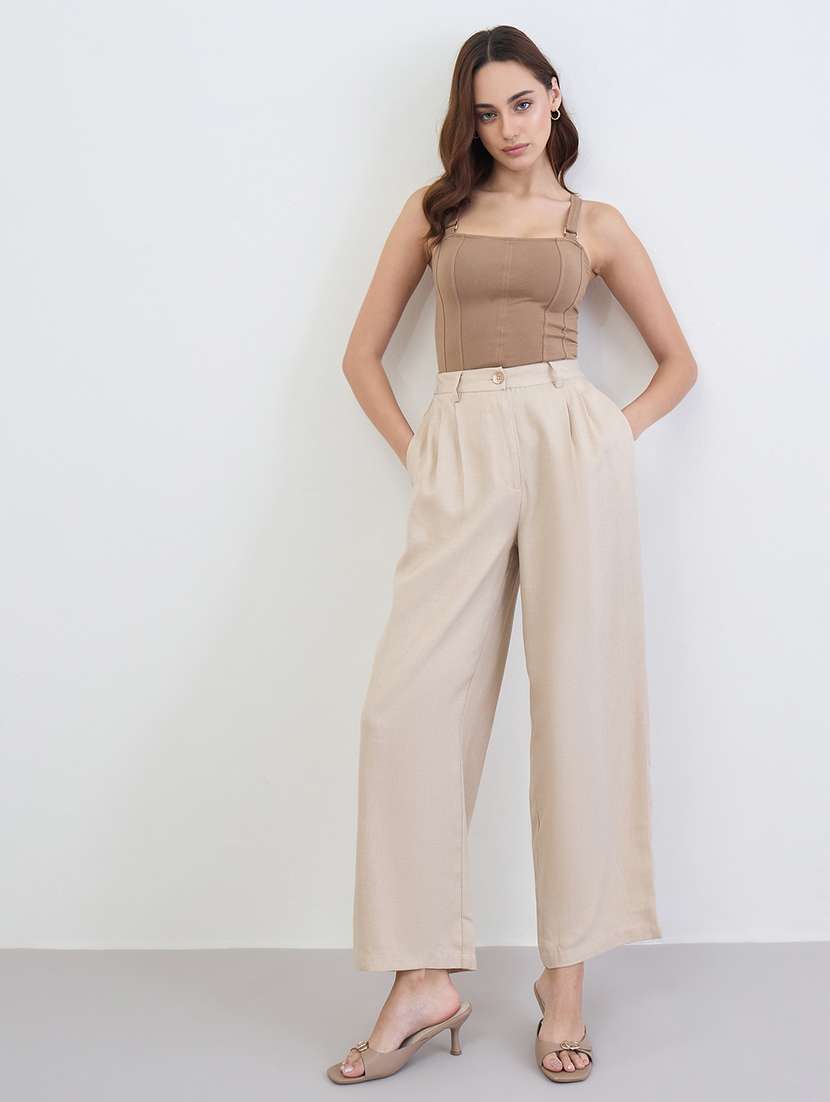 women solid high rise wide leg trouser - 22287779 -  Standard Image - 3