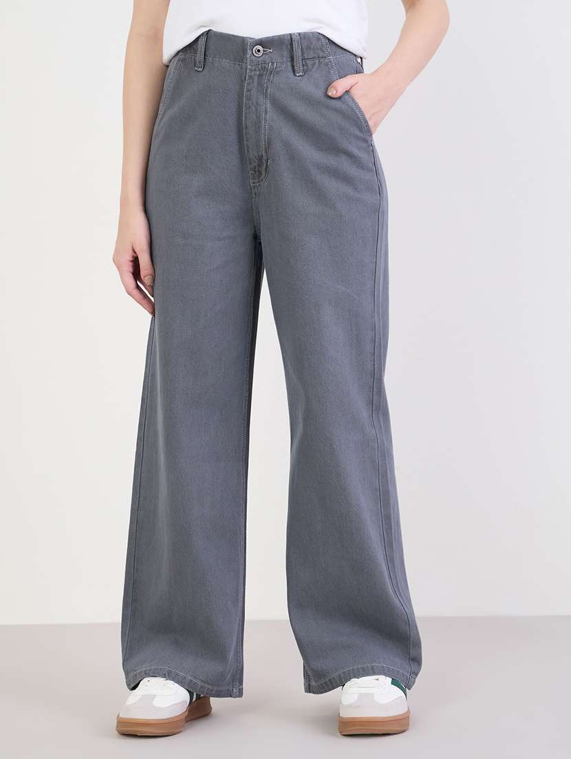 women solid high rise wide leg jean