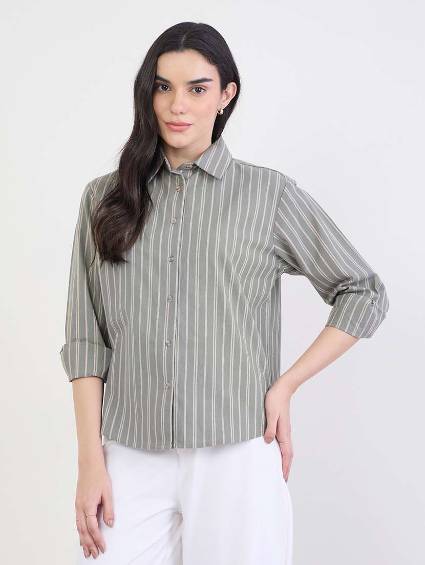 women striped collared long sleeve regular shirt