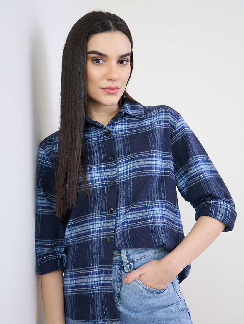 women checkered collared long sleeve shirt