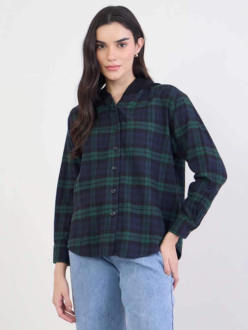 women checkered hooded long sleeve shirt