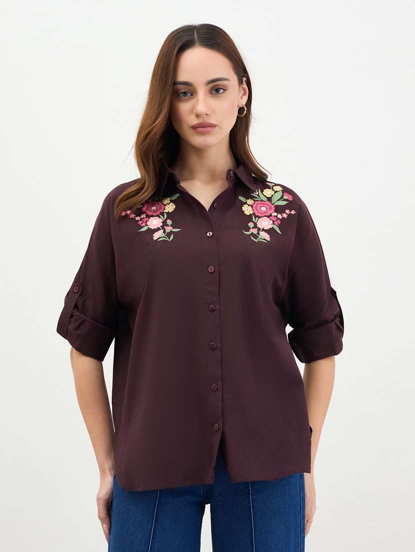 women embroidered collared long sleeve shirt