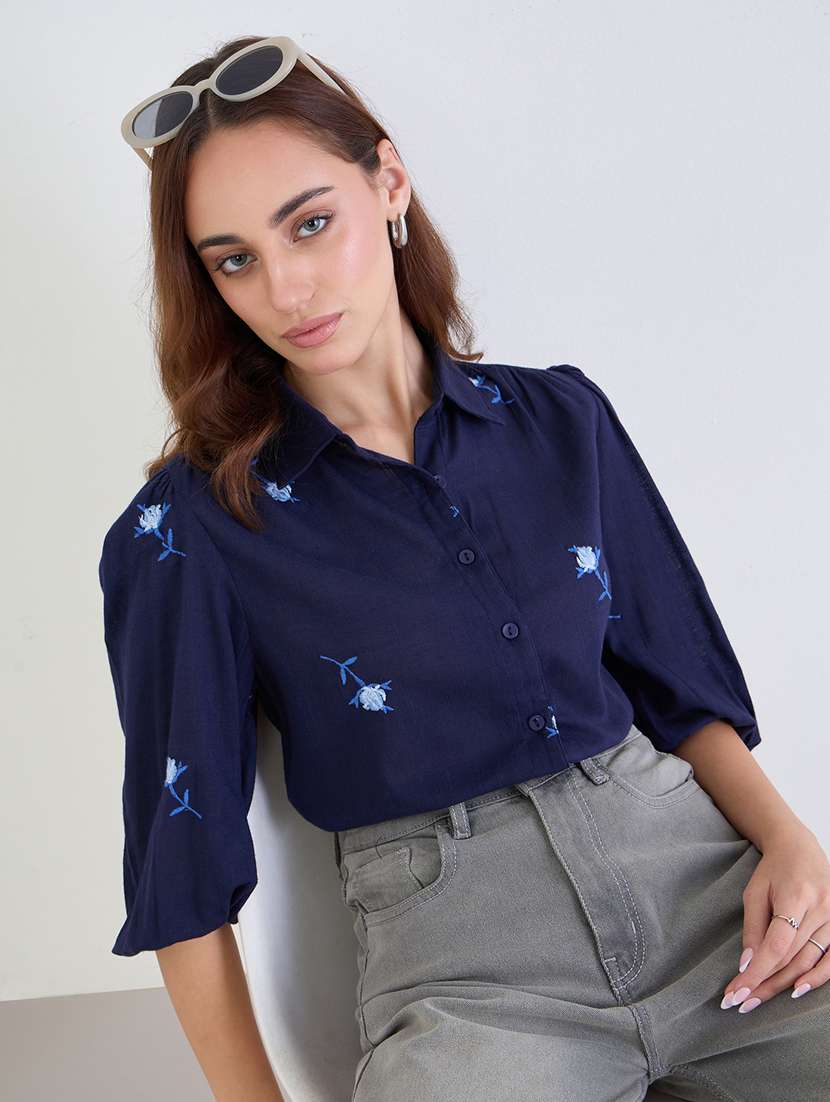 women embroidered collared puff sleeve shirt