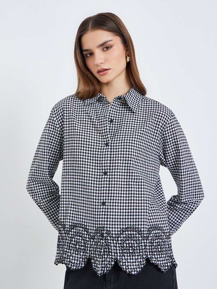 women checkered collared long sleeve shirt