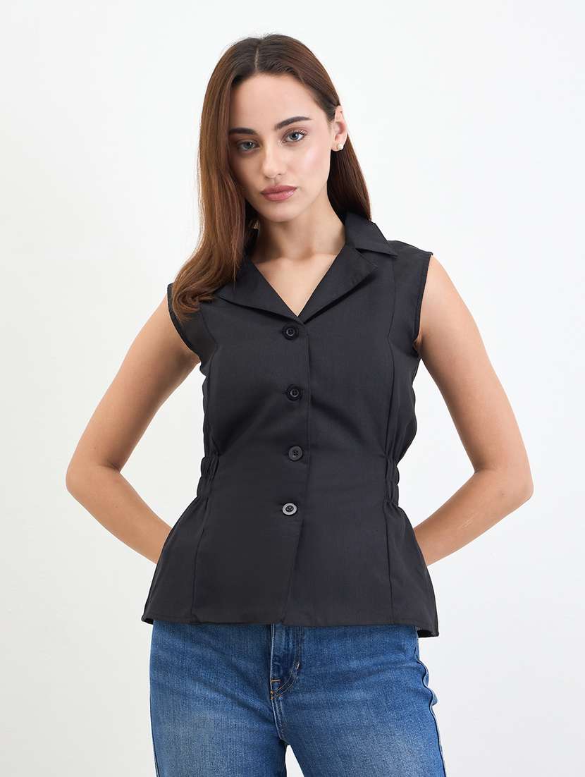 women solid lapel collar sleeveless shirt
