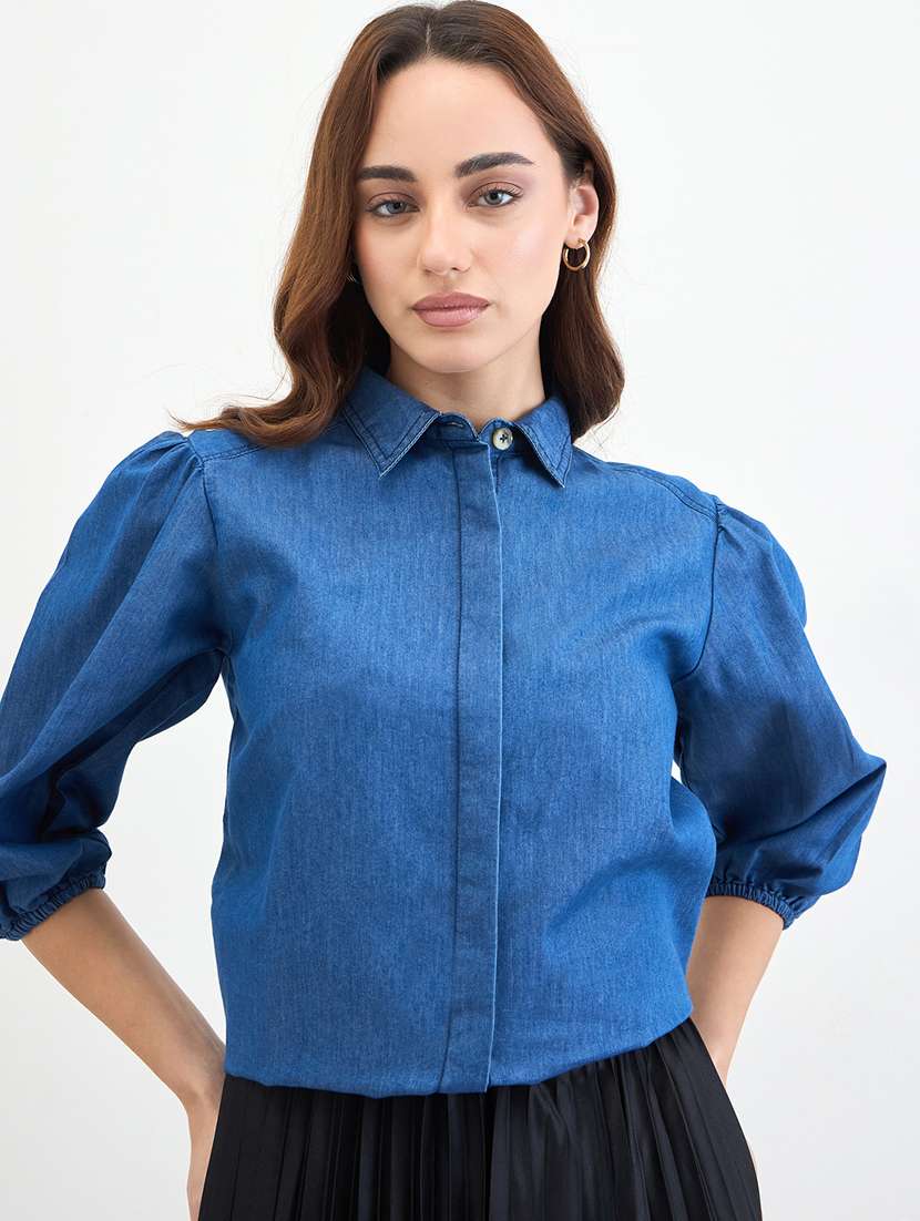 women solid collared puff sleeve shirt