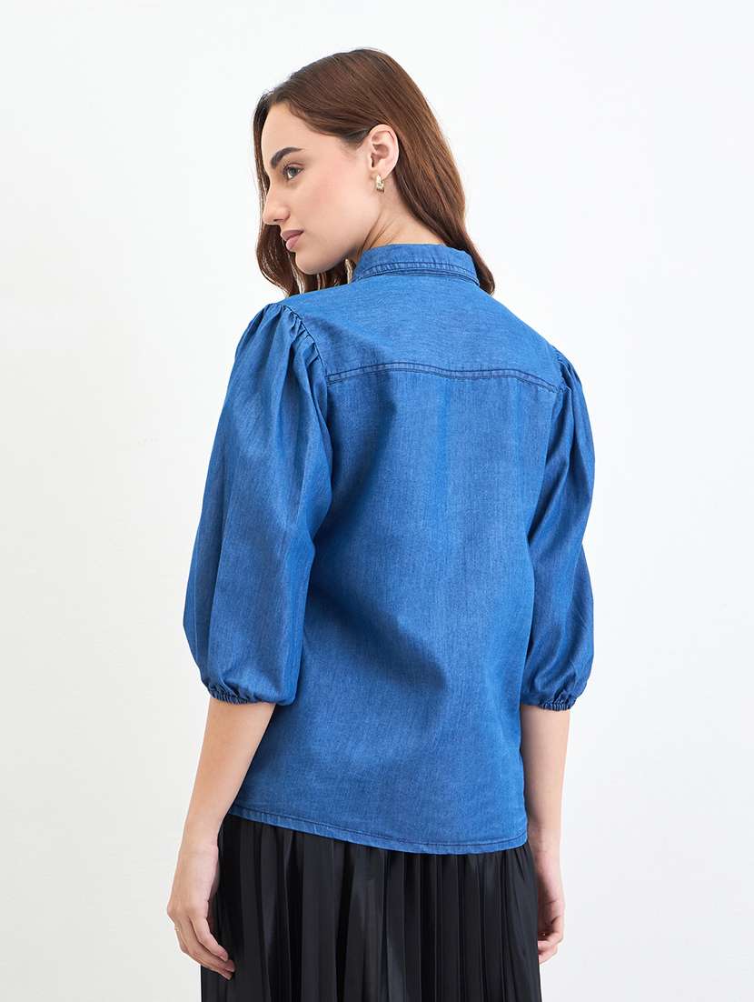 women solid collared puff sleeve shirt - 22287810 -  Standard Image - 3