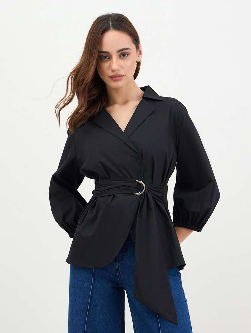 women solid collared puff sleeve shirt
