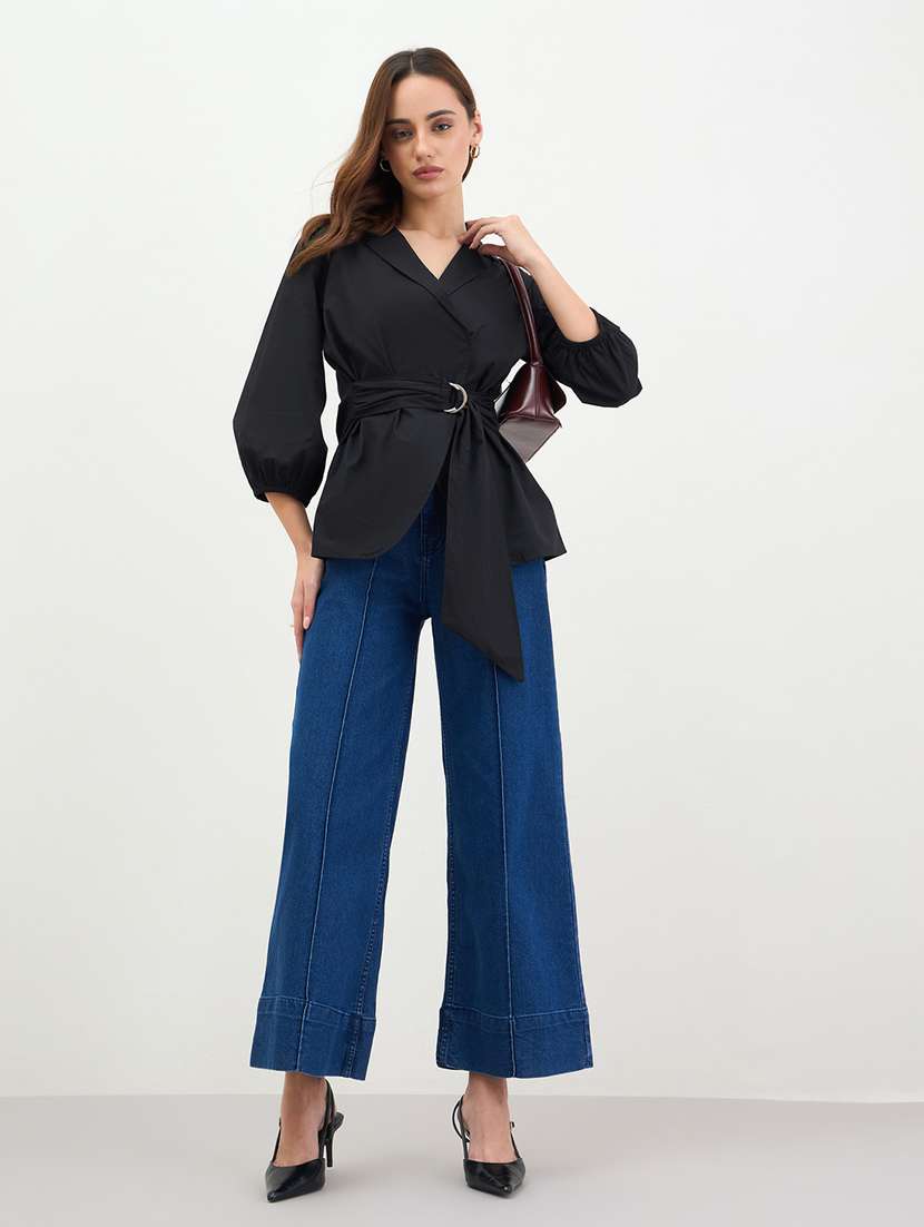 women solid collared puff sleeve shirt - 22287812 -  Standard Image - 3