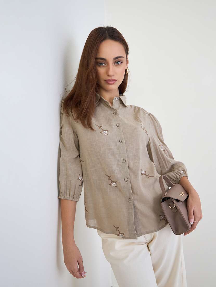 women embroidered collared puff sleeve shirt