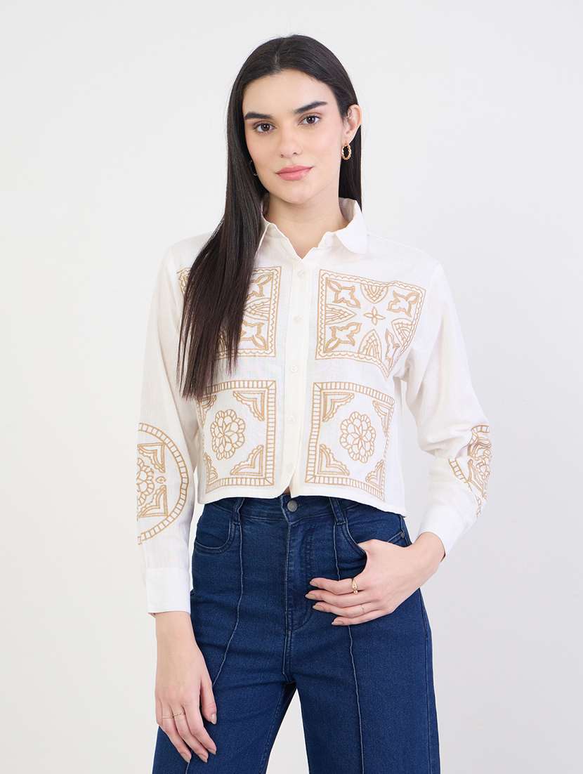 women embroidered long sleeve collared shirt
