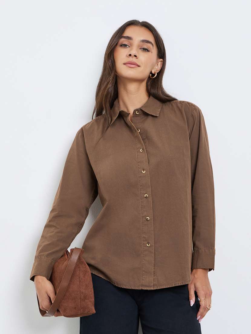 women solid collared long sleeve shirt
