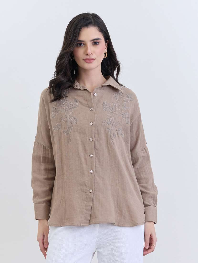 women embroidered collared oversized shirt
