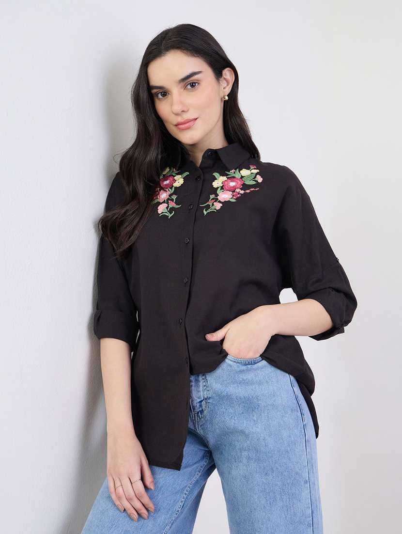 women embroidered collared long sleeve shirt