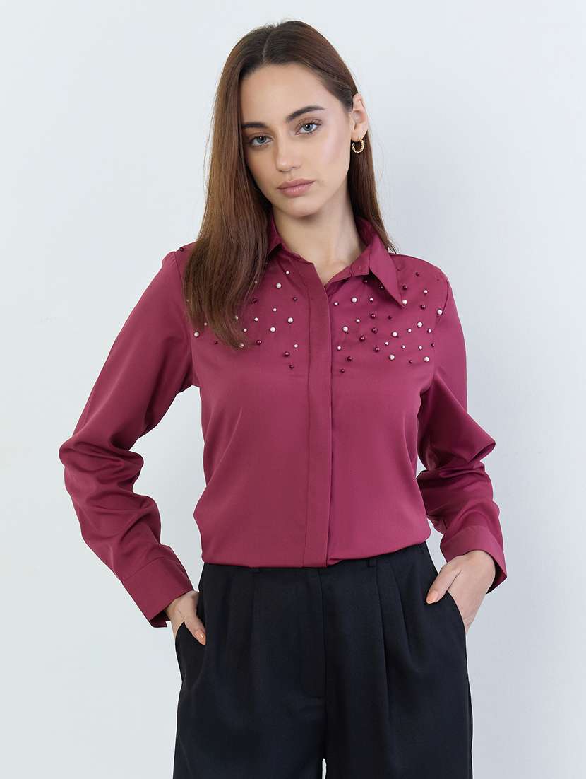women embellished collared long sleeve shirt