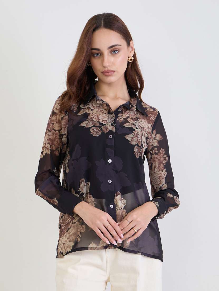 women floral print collared long sleeve shirt