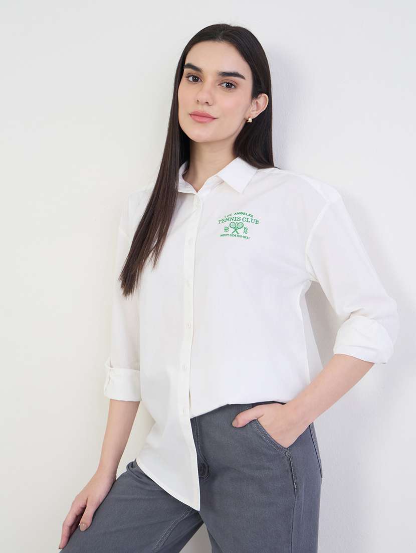 women printed collared long sleeve shirt