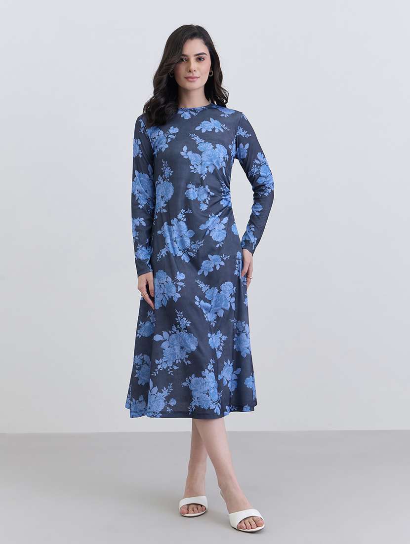 women printed long sleeve a-line dress
