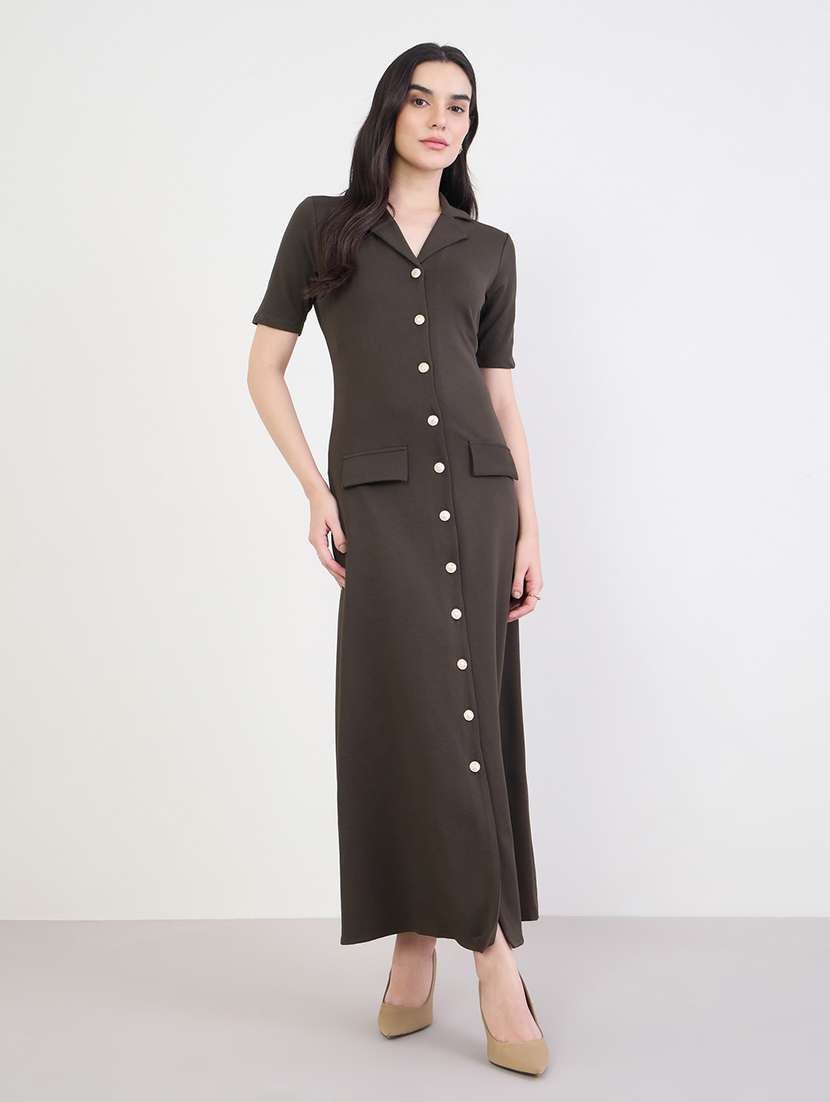 women solid lapel neck short sleeve a-line dress
