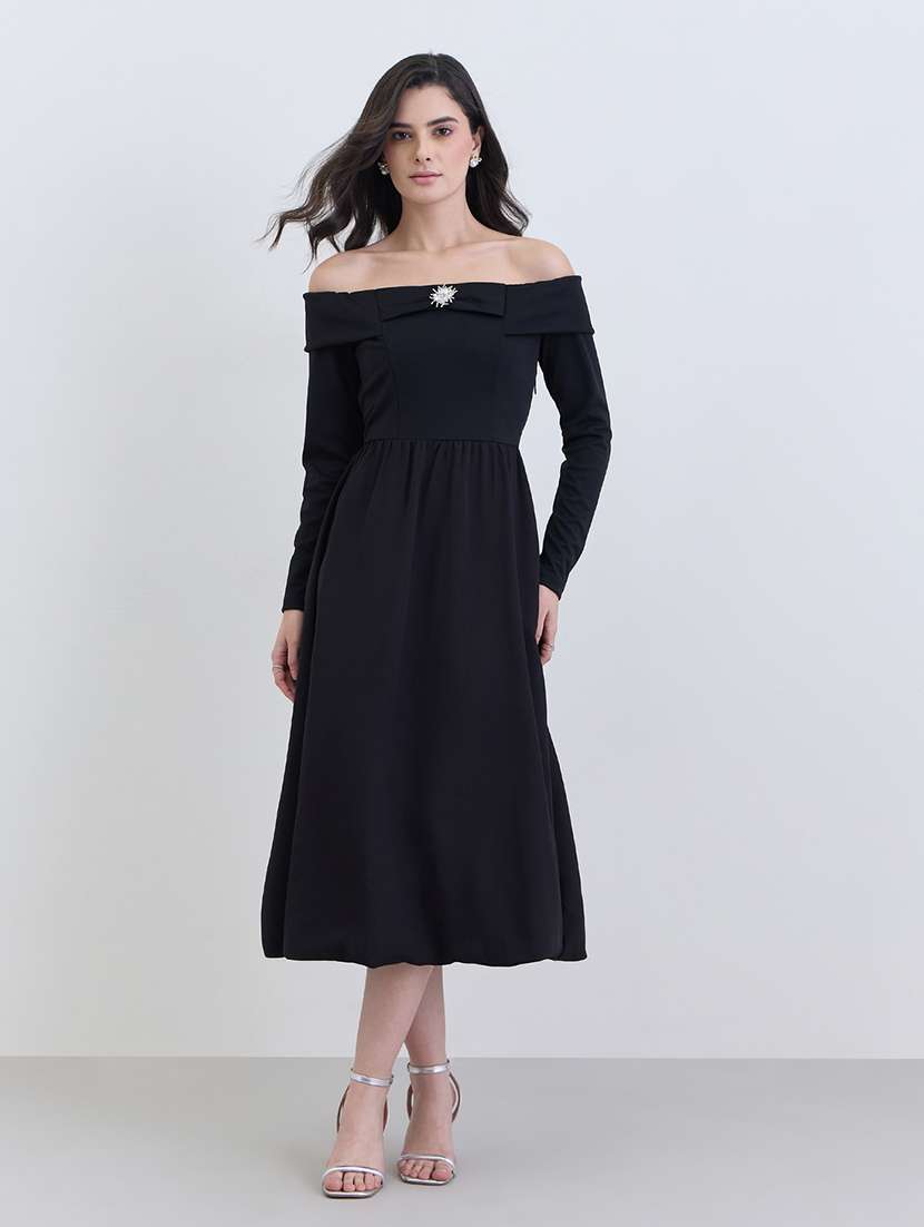 women solid off shoulder long sleeve flared dress