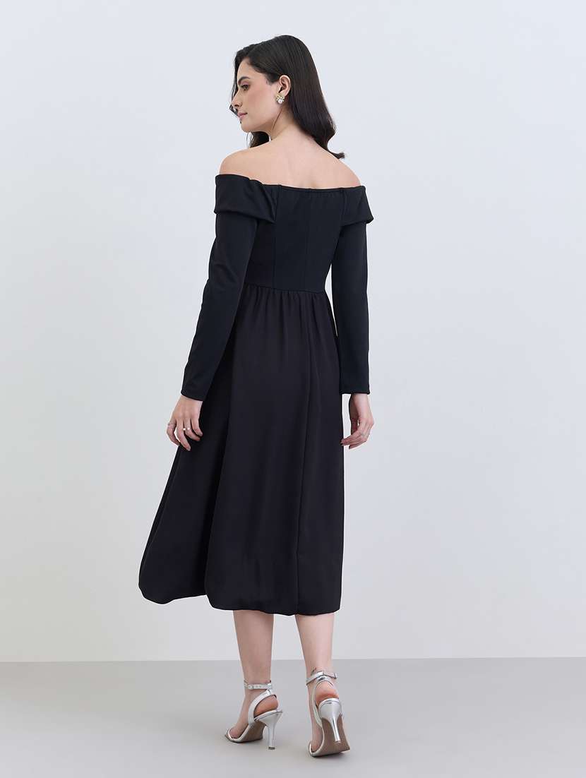 women solid off shoulder long sleeve flared dress - 22287836 -  Standard Image - 3