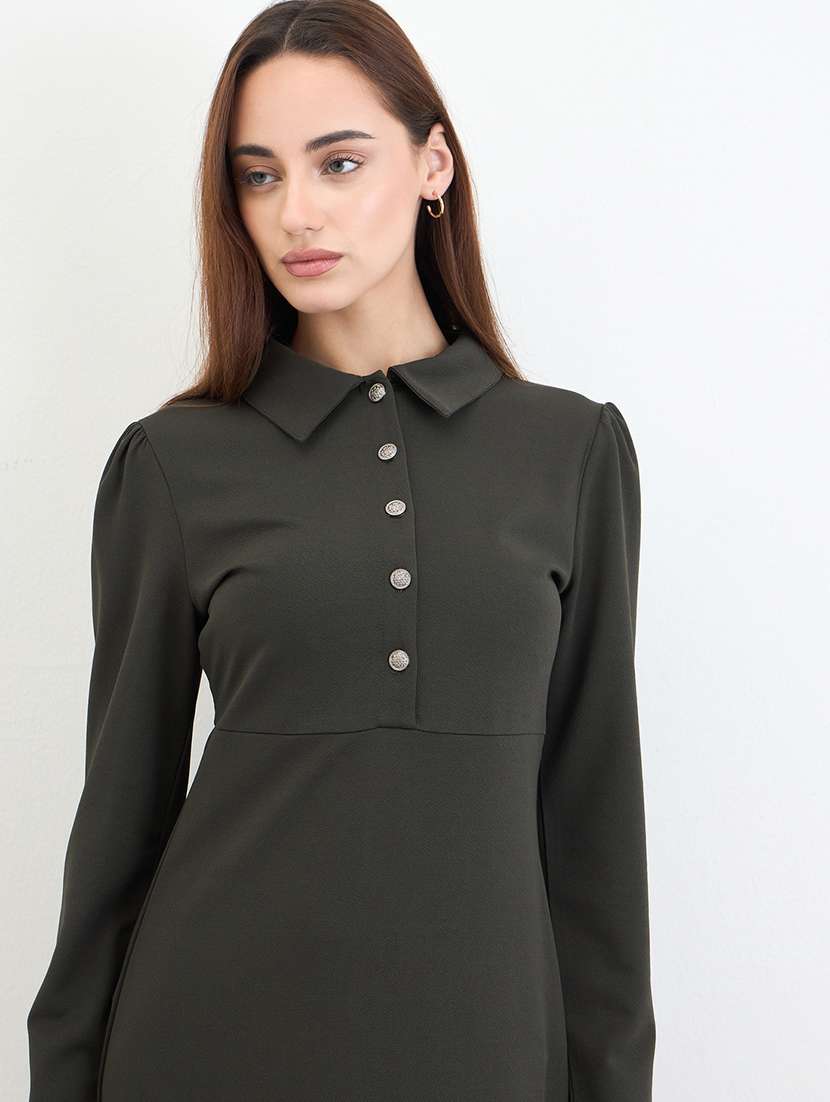 women solid collared puff sleeve a-line dress - 22287838 -  Standard Image - 3