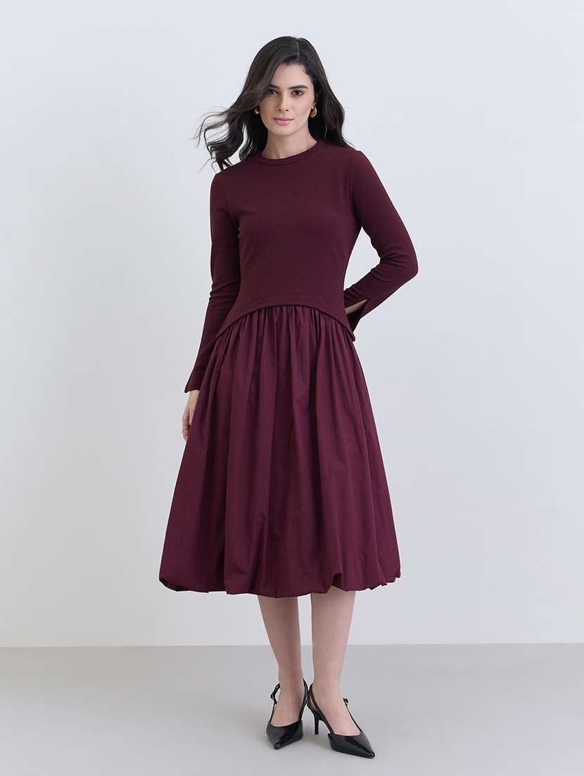 women solid crew neck long sleeve ballon dress