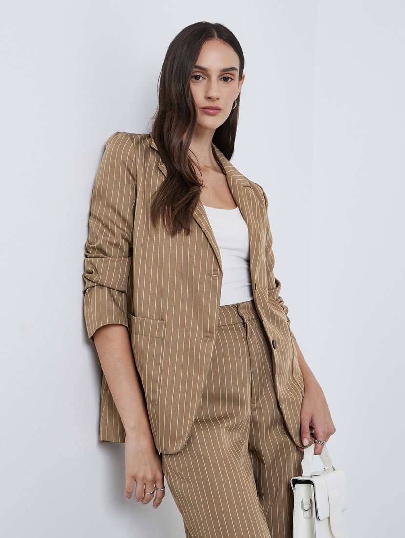 women striped long sleeve single breasted blazer
