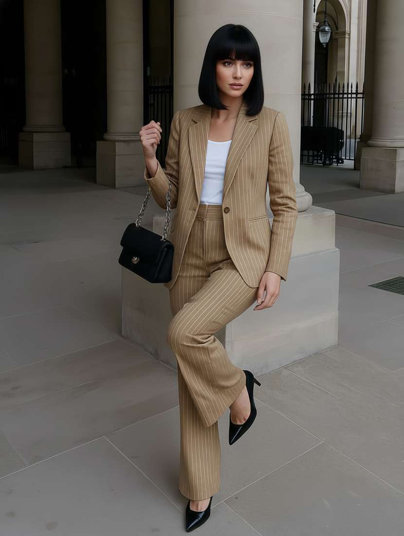 women striped long sleeve single breasted blazer - 22287856 -  Standard Image - 5