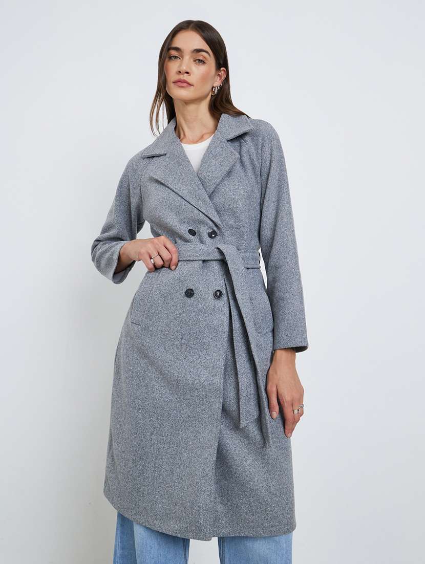women solid long sleeve double breasted trench coat
