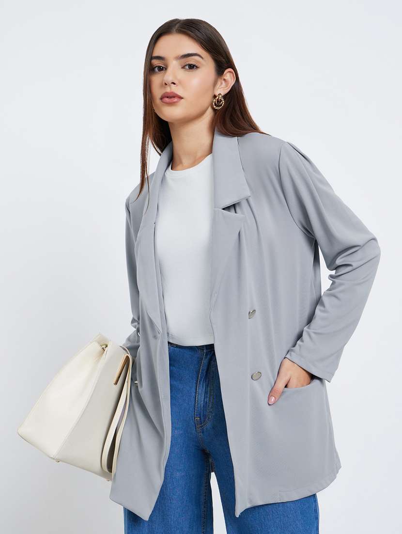 women solid long sleeve double breasted blazer