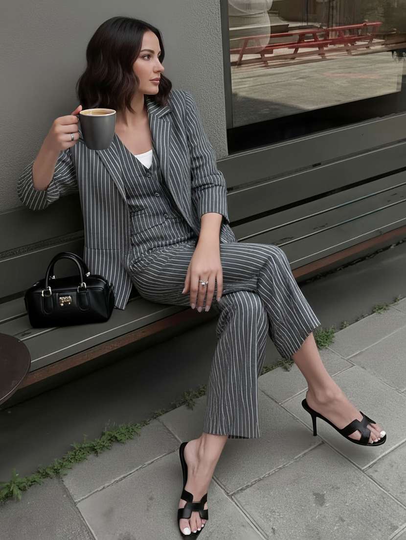 women striped long sleeve single breasted blazer - 22287860 -  Standard Image - 3