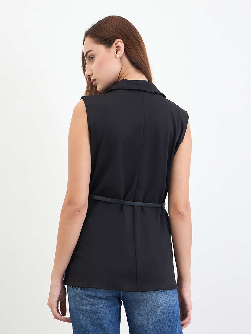 women solid lapell collar sleeveless vest top - 22287862 -  Standard Image - 3