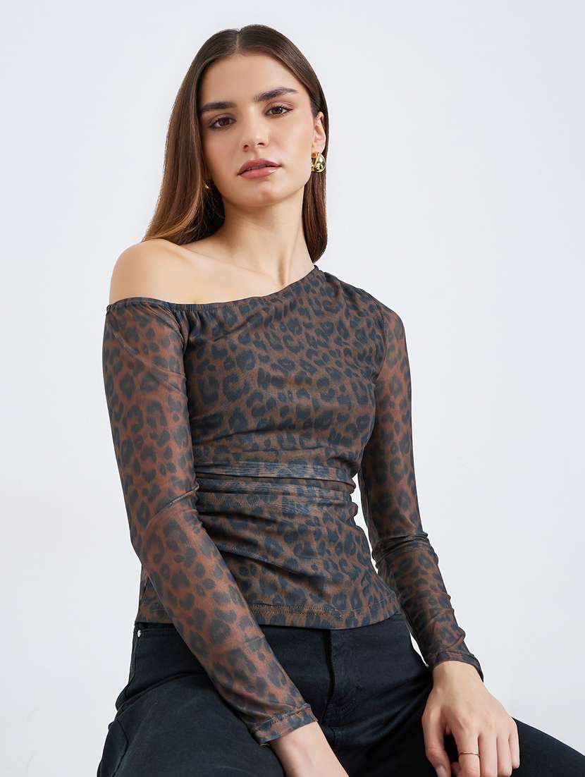 women animal print single shoulder top