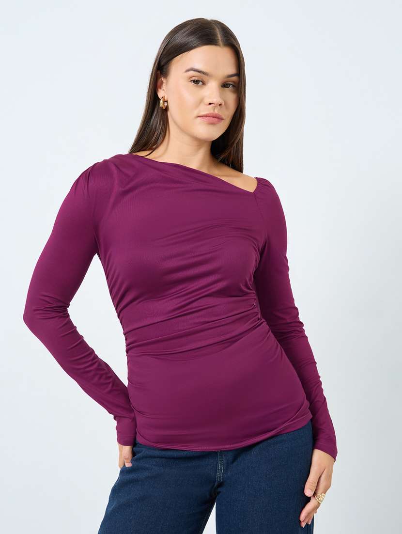 women solid asymmetric neck long sleeve top